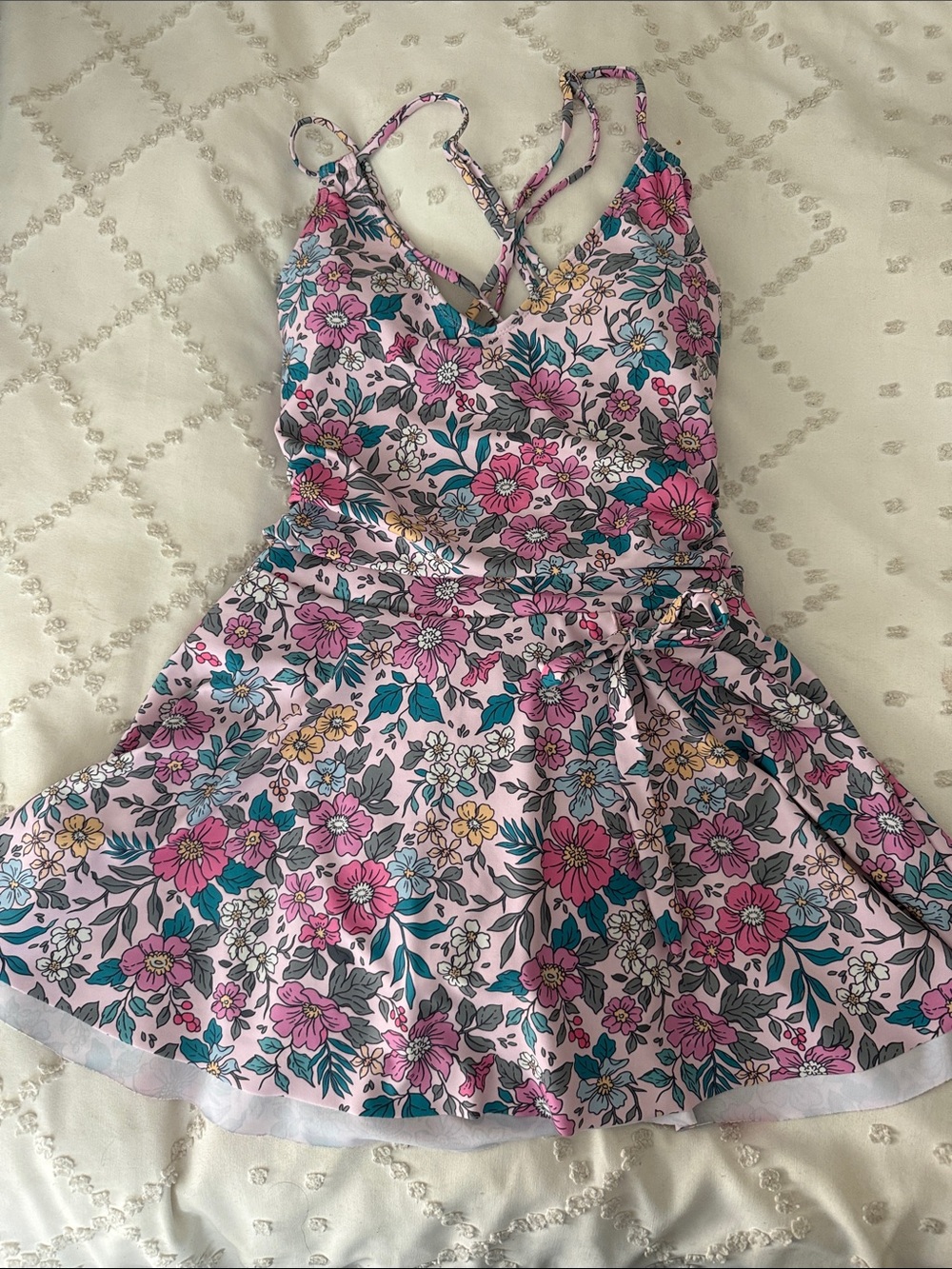 Women’s Pink Floral Fit-and-Flare Swim Dress with Strappy Corset Back